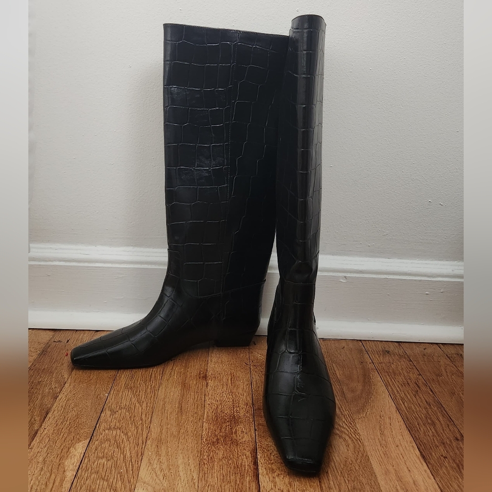 H&M Black Croc-Embossed Knee-High Boots